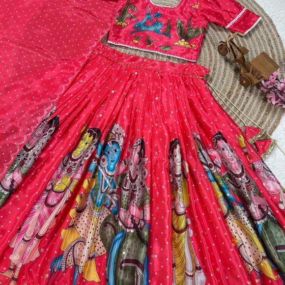 Kalam Kari Printed &  Embroidered Girl's Lehenga - Picture 5 of 12